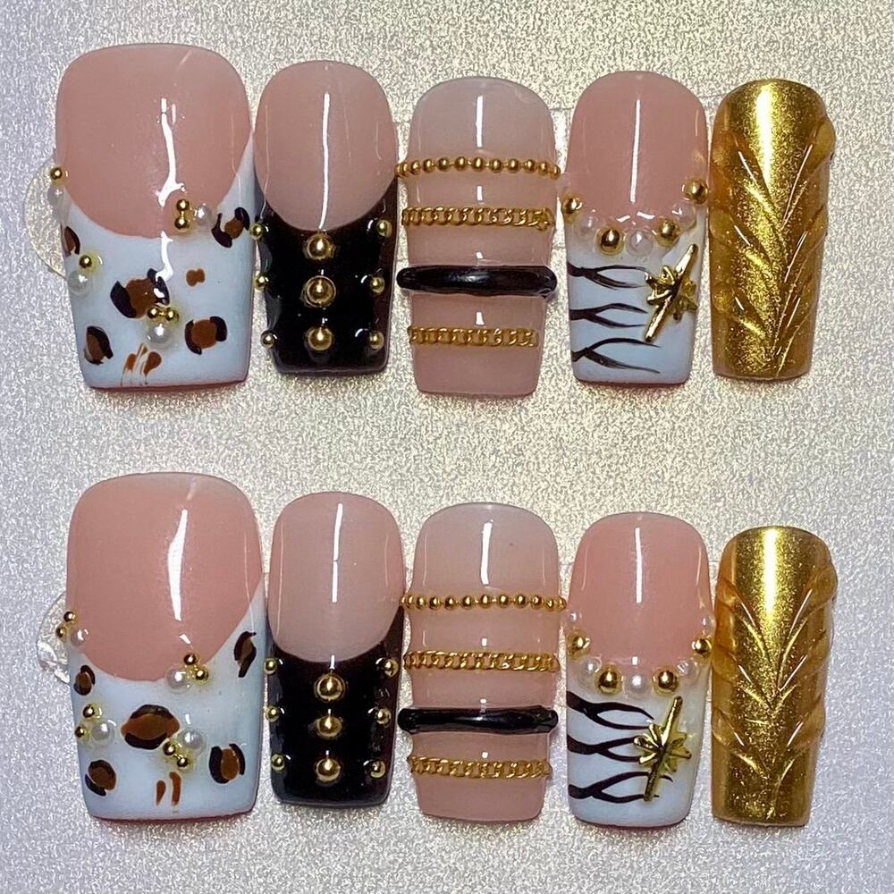 Y2K Mixed Print Gold Chrome Bangle French Tip Square Press-On Nails Medium Large